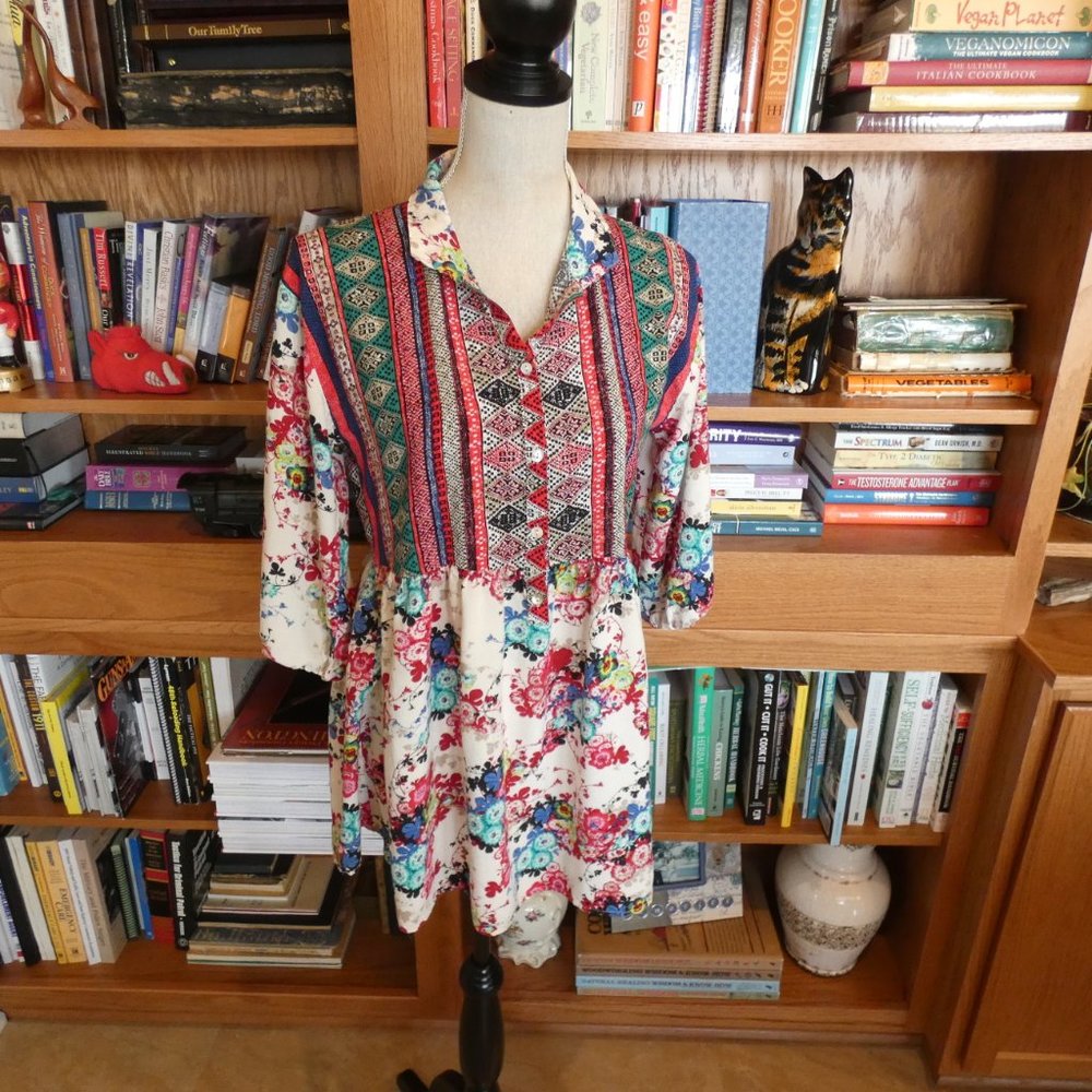 Umgee Floral & Stripe 3/4 Sleeve Boho Tunic